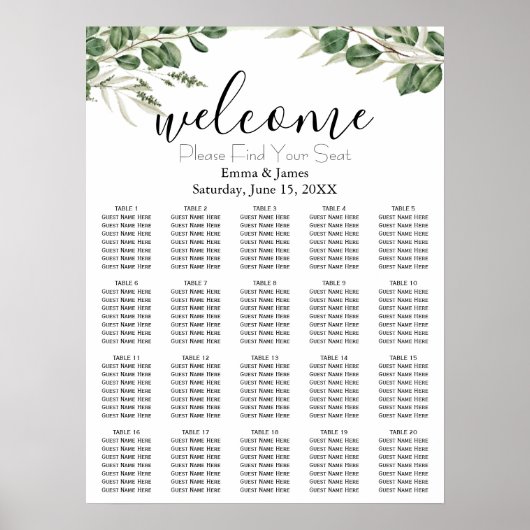 Poster Plan de table de mariage avec verdure moderne (Devant)