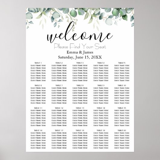 Poster Plan de table de mariage avec verdure moderne (Devant)