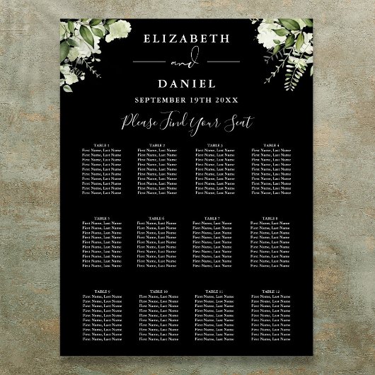 Poster Plan de table de mariage avec verdure noir et blan