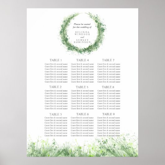 Poster Plan de table de mariage avec verdure vert sauge (Devant)