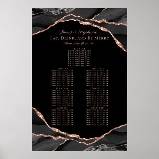 Poster Plan de table de mariage Black Rose Gold Agate (Devant)