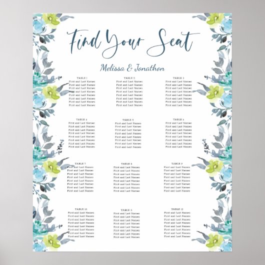 Poster Plan de table de mariage bleu clair jaune vert (Devant)