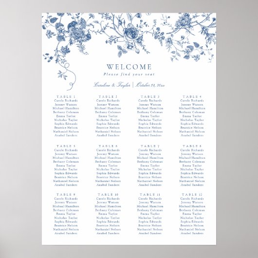 Poster Plan de table de mariage bleu floral élégant vinta (Devant)