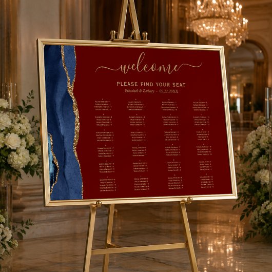 Poster Plan de table de mariage bleu marine or agate bord