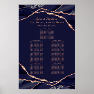 Poster Plan de table de mariage bleu marine or rose agate