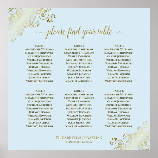 Poster Plan de table de mariage bleu poudré et or à 6 tab (Devant)