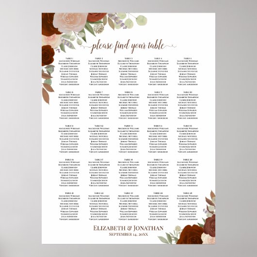 Poster Plan de table de mariage Bohème avec 25 tables et (Devant)