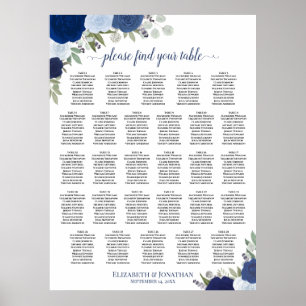 Poster Plan de table de mariage bohème bleu 28 tables ave
