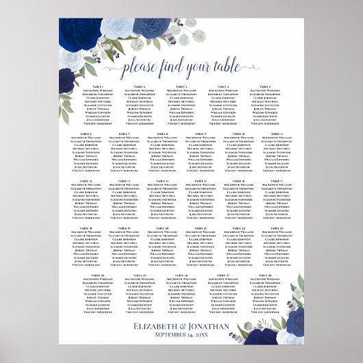 Poster Plan de table de mariage bohème bleu 28 tables ave (Devant)