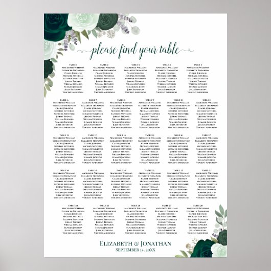 Poster Plan de table de mariage bohème émeraude 28 tables (Devant)