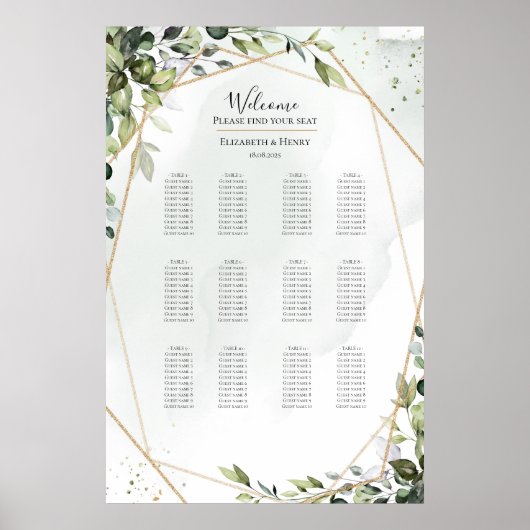 Poster Plan de table de mariage bohème eucalyptus or sage (Devant)