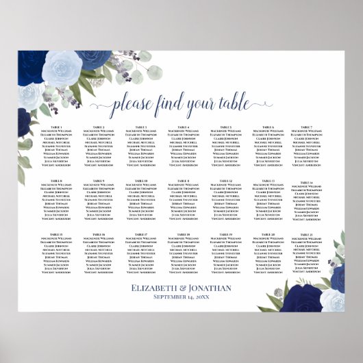 Poster Plan de table de mariage bohème floral bleu 21 tab (Devant)
