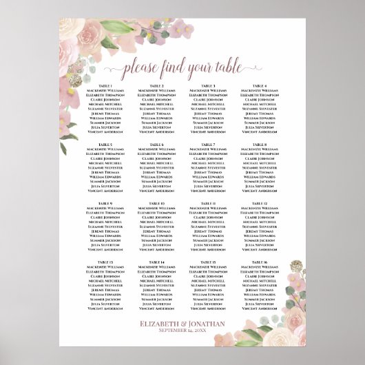 Poster Plan de table de mariage bohème rose pour 16 table (Devant)