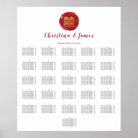 Poster Plan de table de mariage Bonheur Double Rouge (Devant)