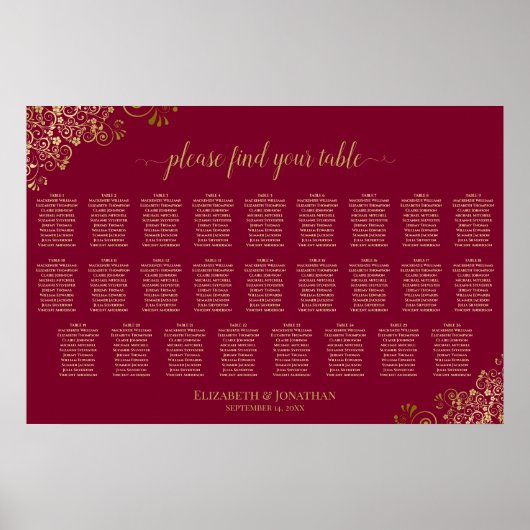 Poster Plan de table de mariage bordeaux et or pour 26 ta (Devant)