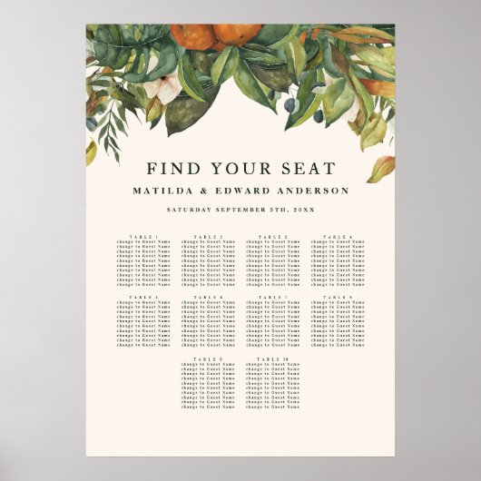 Poster Plan de table de mariage botanique floral de citru (Devant)