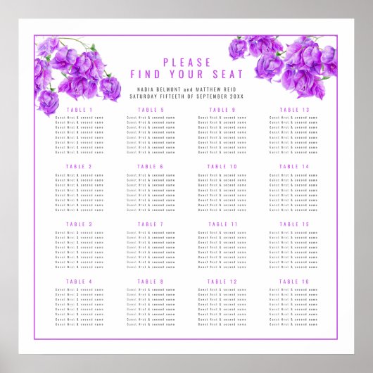 Poster Plan de table de mariage Bougainvillea violet 16 p (Devant)