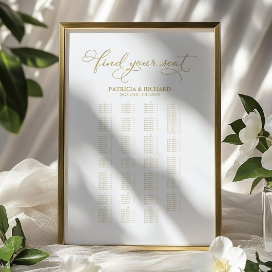 Poster Plan de table de mariage calligraphié en or