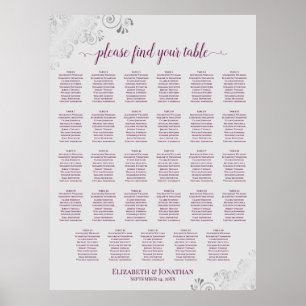 Poster Plan de table de mariage Cassis sur Gris 29 tables