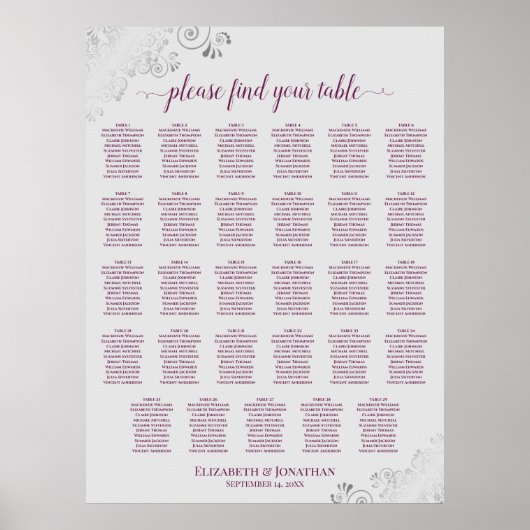 Poster Plan de table de mariage Cassis sur Gris 29 tables (Devant)