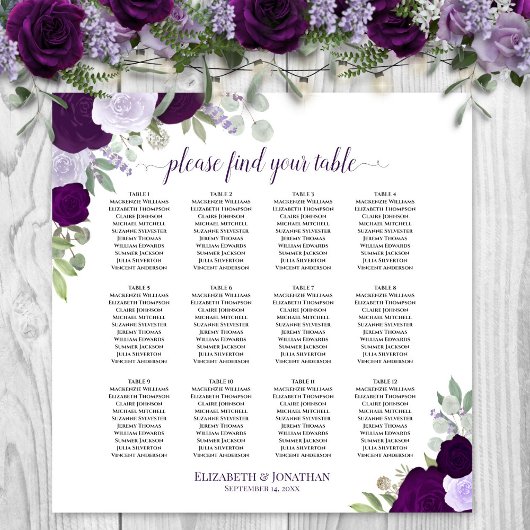 Poster Plan de table de mariage chic avec roses violettes