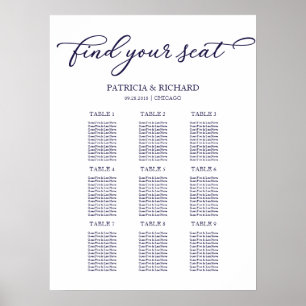 Poster Plan de table de mariage chic bleu marine 9 tables