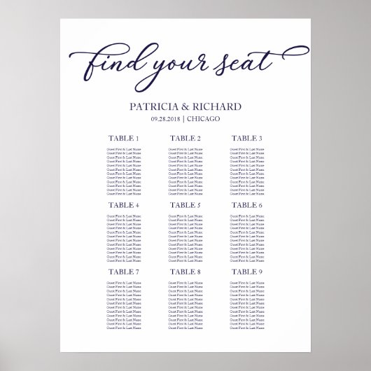 Poster Plan de table de mariage chic bleu marine 9 tables (Devant)