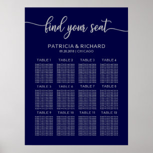 Poster Plan de table de mariage chic bleu marine argenté