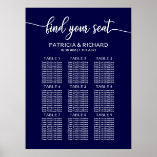 Poster Plan de table de mariage chic calligraphie bleu ma