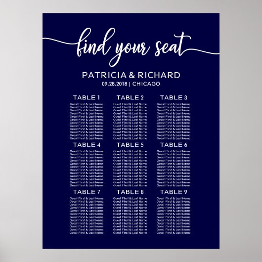 Poster Plan de table de mariage chic calligraphie bleu ma (Devant)