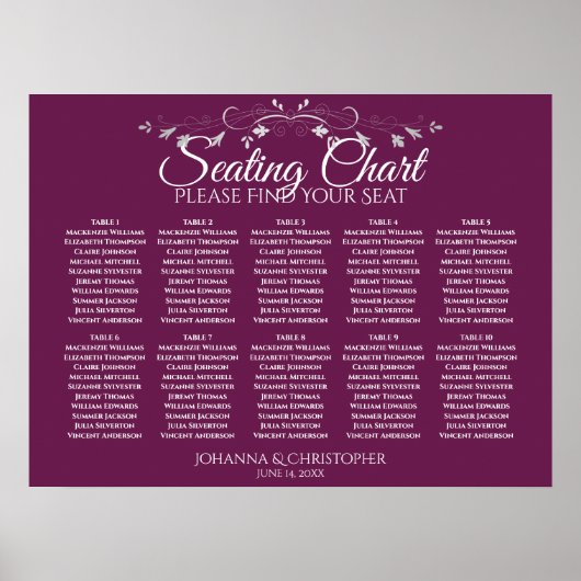 Poster Plan de table de mariage chic magenta plum 10 (Devant)