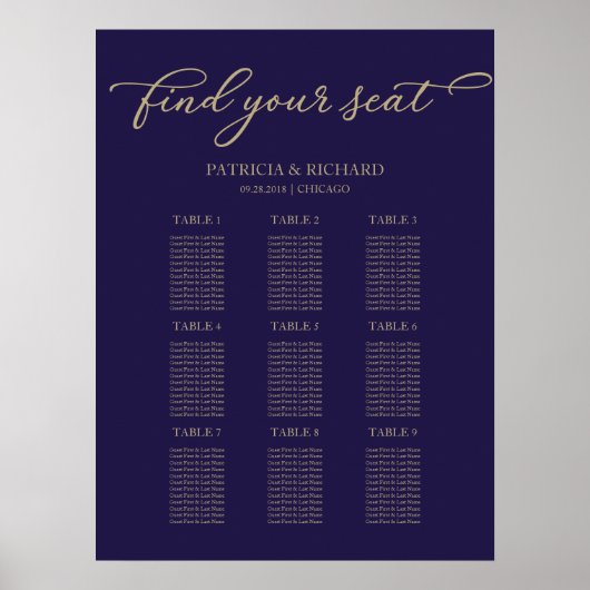Poster Plan de table de mariage chic or bleu marine 9 tab (Devant)