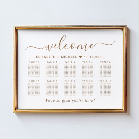 Poster Plan de table de mariage chic or script 10 tables