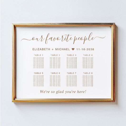 Poster Plan de table de mariage chic or script 8 tables