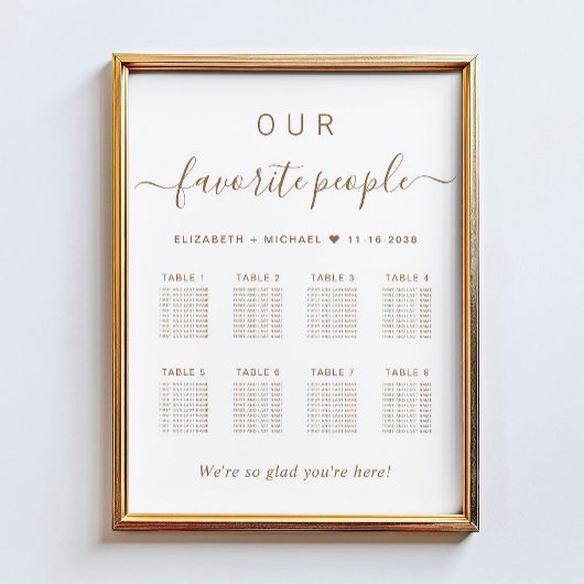 Poster Plan de table de mariage chic or script 8 tables
