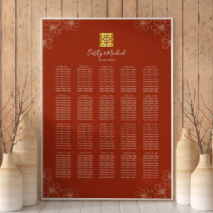 Poster Plan de table de mariage chinois floral rouge bohè
