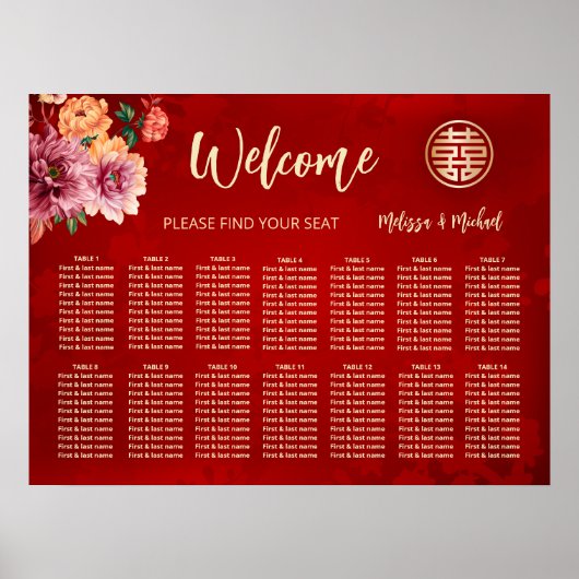 Poster Plan de table de mariage chinois rouge paeonia (Devant)