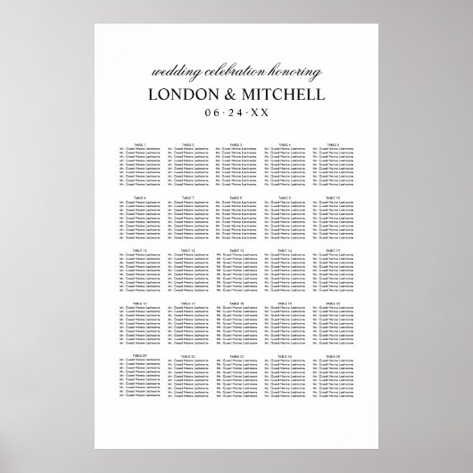 Poster Plan de table de mariage classique blanc monogramm (Devant)