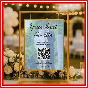 Poster Plan de table de mariage code QR photo bleu poussi