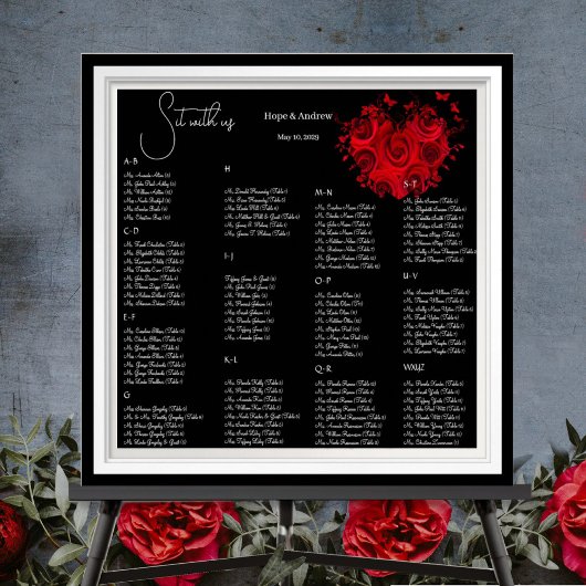 Poster Plan de table de mariage Cœurs rouges et roses