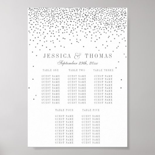 Poster Plan de table de mariage confetti argenté glamour (Devant)