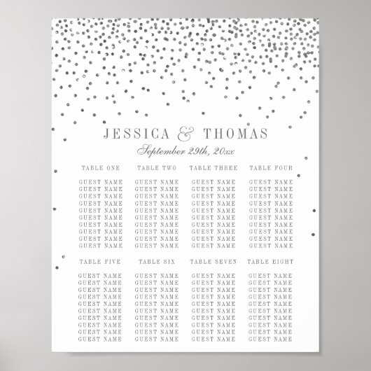 Poster Plan de table de mariage confetti argenté glamour (Devant)
