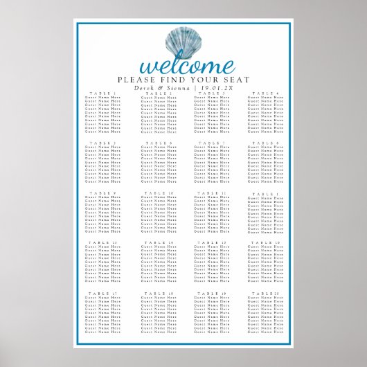 Poster Plan de table de mariage coquillage unique bleu sa (Devant)