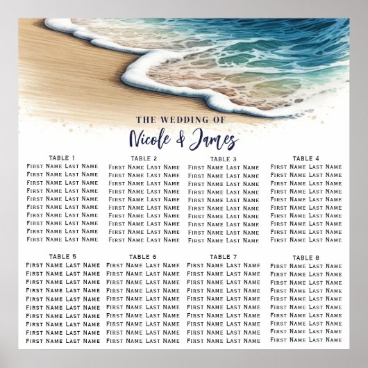 Poster Plan de table de mariage côtier avec vagues océani (Devant)