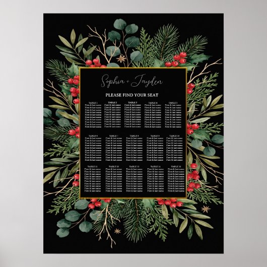 Poster Plan de table de mariage de Noël noir à feuillage (Devant)