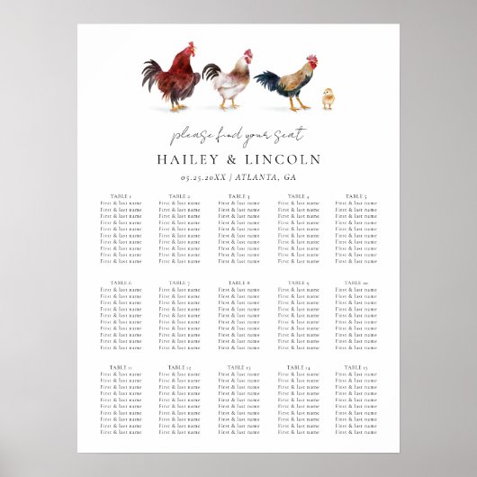 Poster Plan de table de mariage de poulets de basse-cour (Devant)