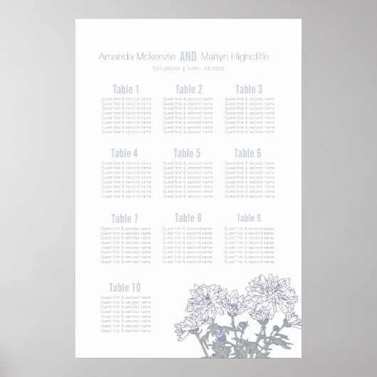 Poster Plan de table de mariage dessiné avec des chrysant (Devant)