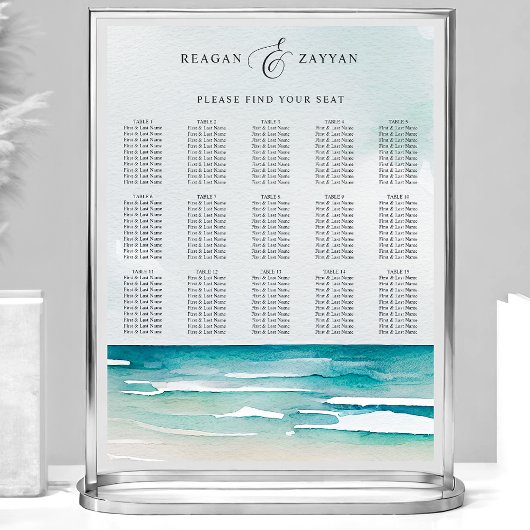 Poster Plan de table de mariage d'été à la plage à l'aqua