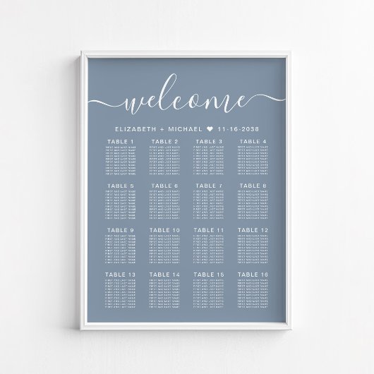 Poster Plan de table de mariage Dusty Blue 16 tables Bien