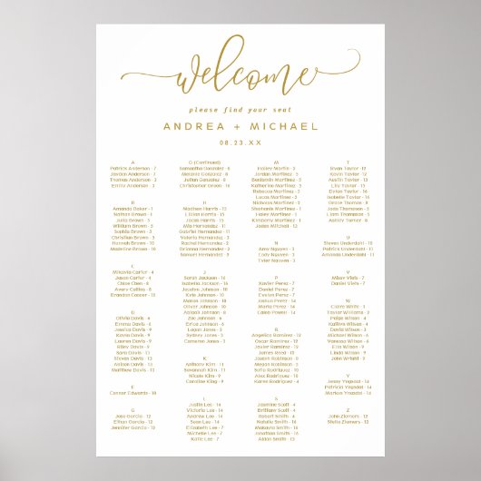 Poster Plan de table de mariage écriture dorée sautillant (Devant)